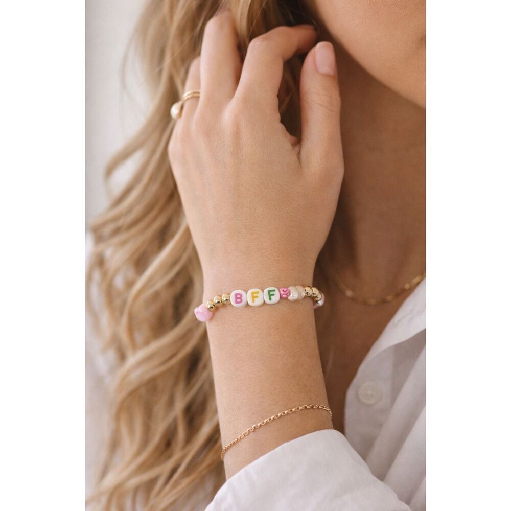 BFF Beaded Friendship Bracelet Gold Tone Pink Heart Flower Girls Women Gift